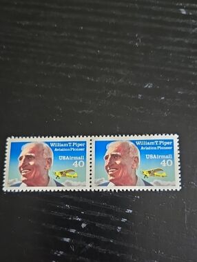 William T. Piper USA Airmail 40¢ Vintage Stamp Pair - Blue, Yellow, Red